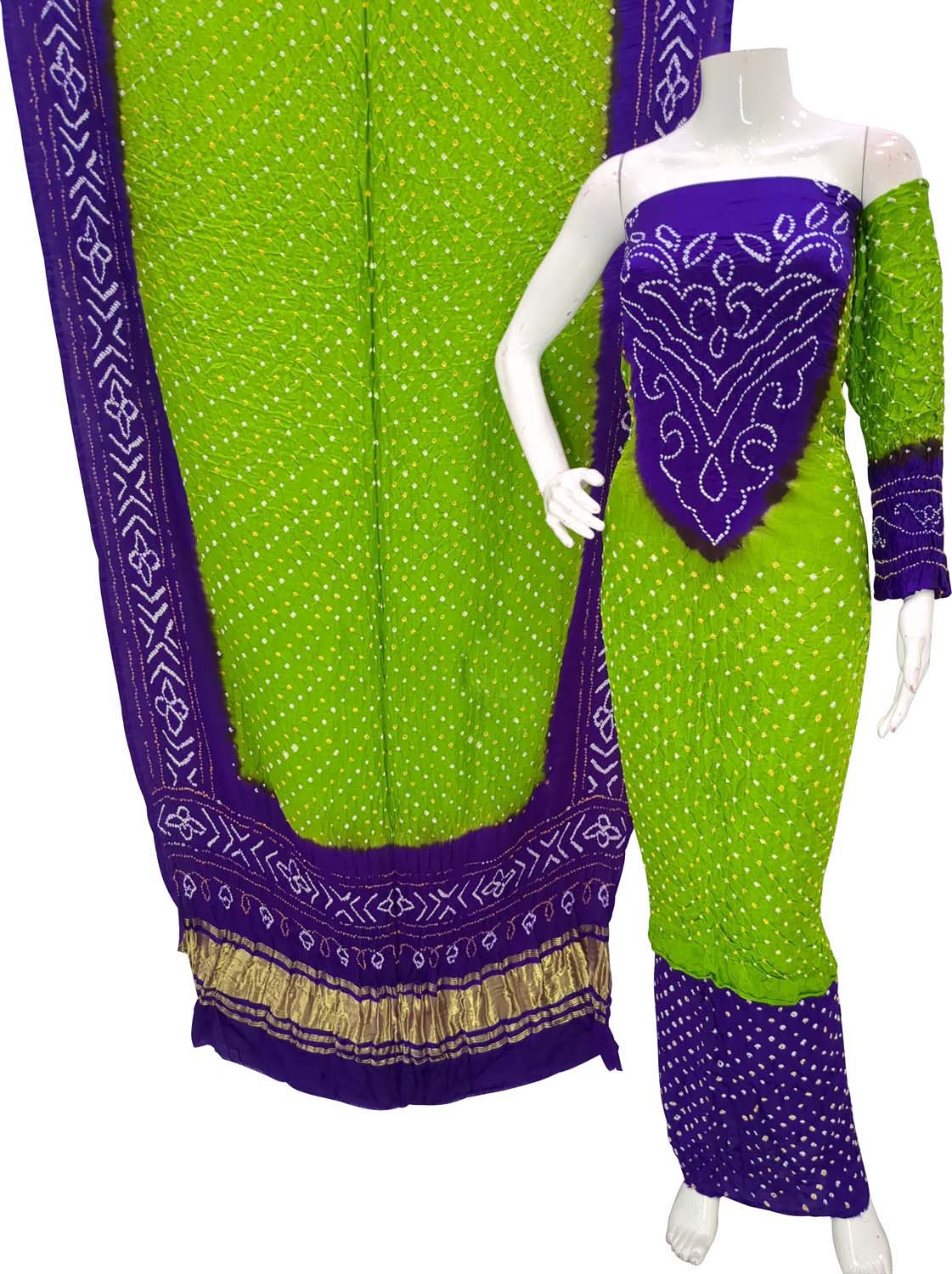 Green And Purple Bandhani Pure Gajji Silk Unstitched Suit - Luxurion World