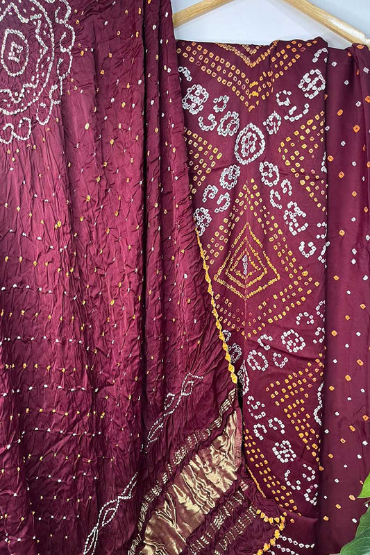 Maroon Bandhani Modal Silk Three Piece Suit Set - Luxurion World