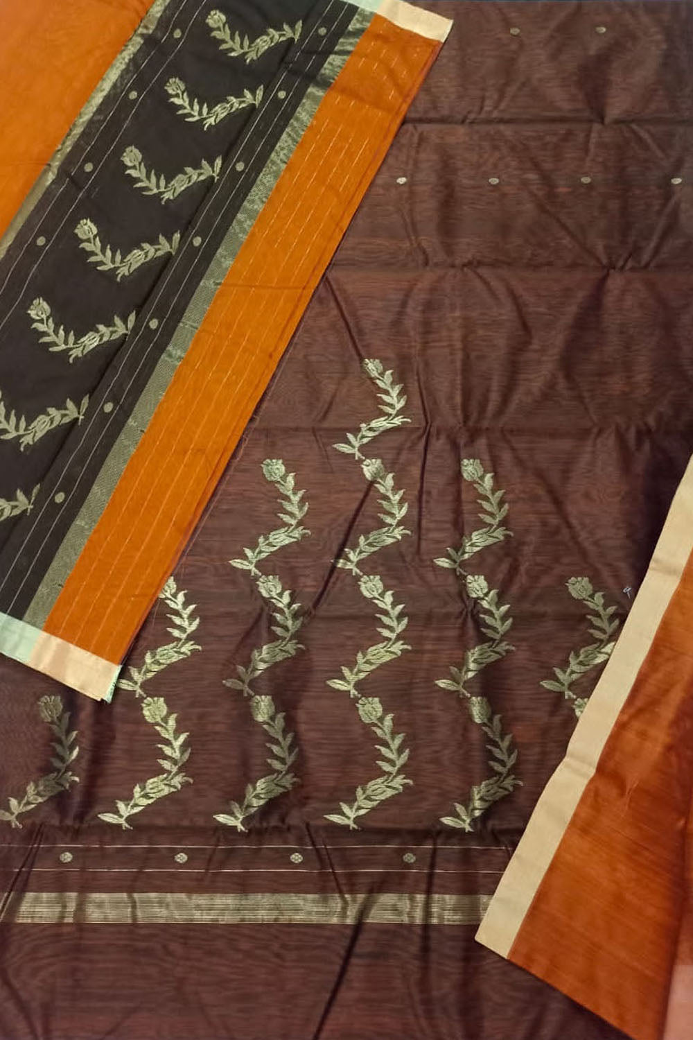 Brown And Orange Chanderi Handloom Silk Cotton 3 Piece Suit Set - Luxurion World