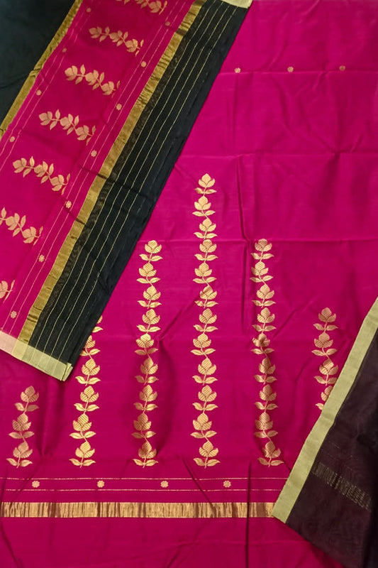 Pink And Black Chanderi Handloom Silk Cotton 3 Piece Suit Set