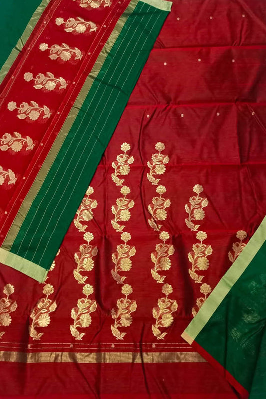 Red And Green Chanderi Handloom Silk Cotton 3 Piece Suit Set - Luxurion World