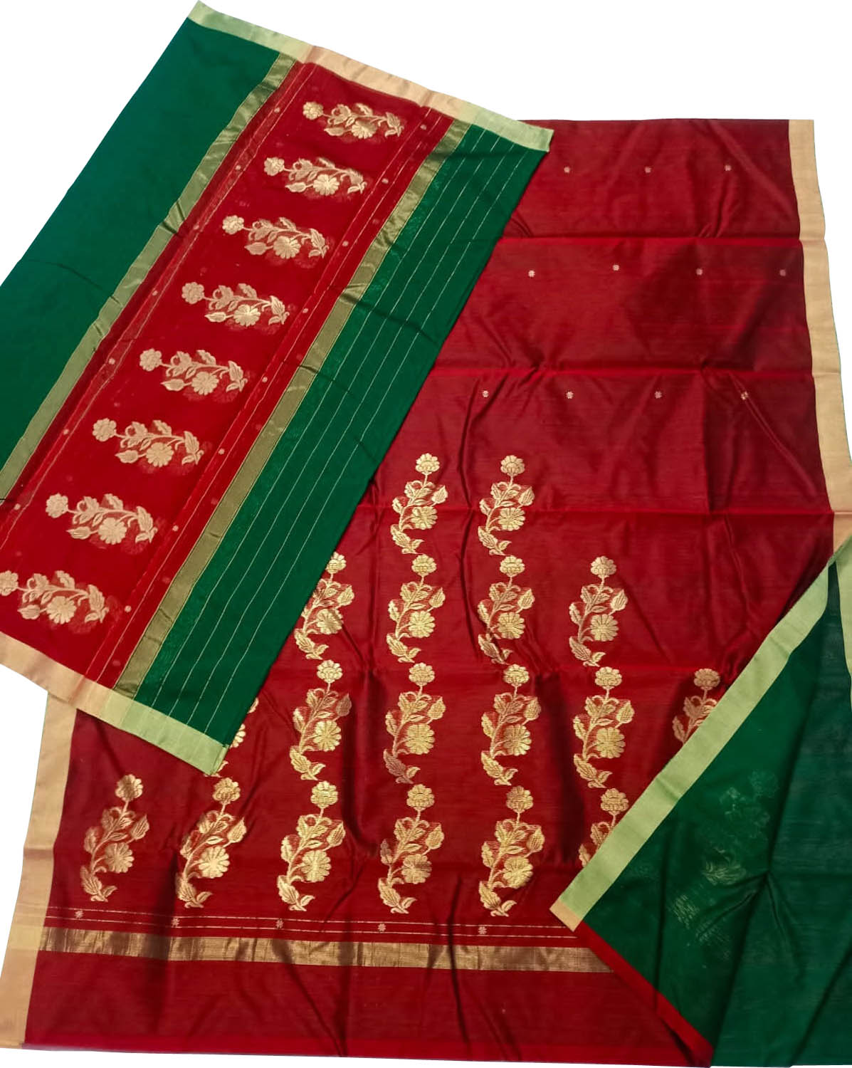 Red And Green Chanderi Handloom Silk Cotton 3 Piece Suit Set - Luxurion World