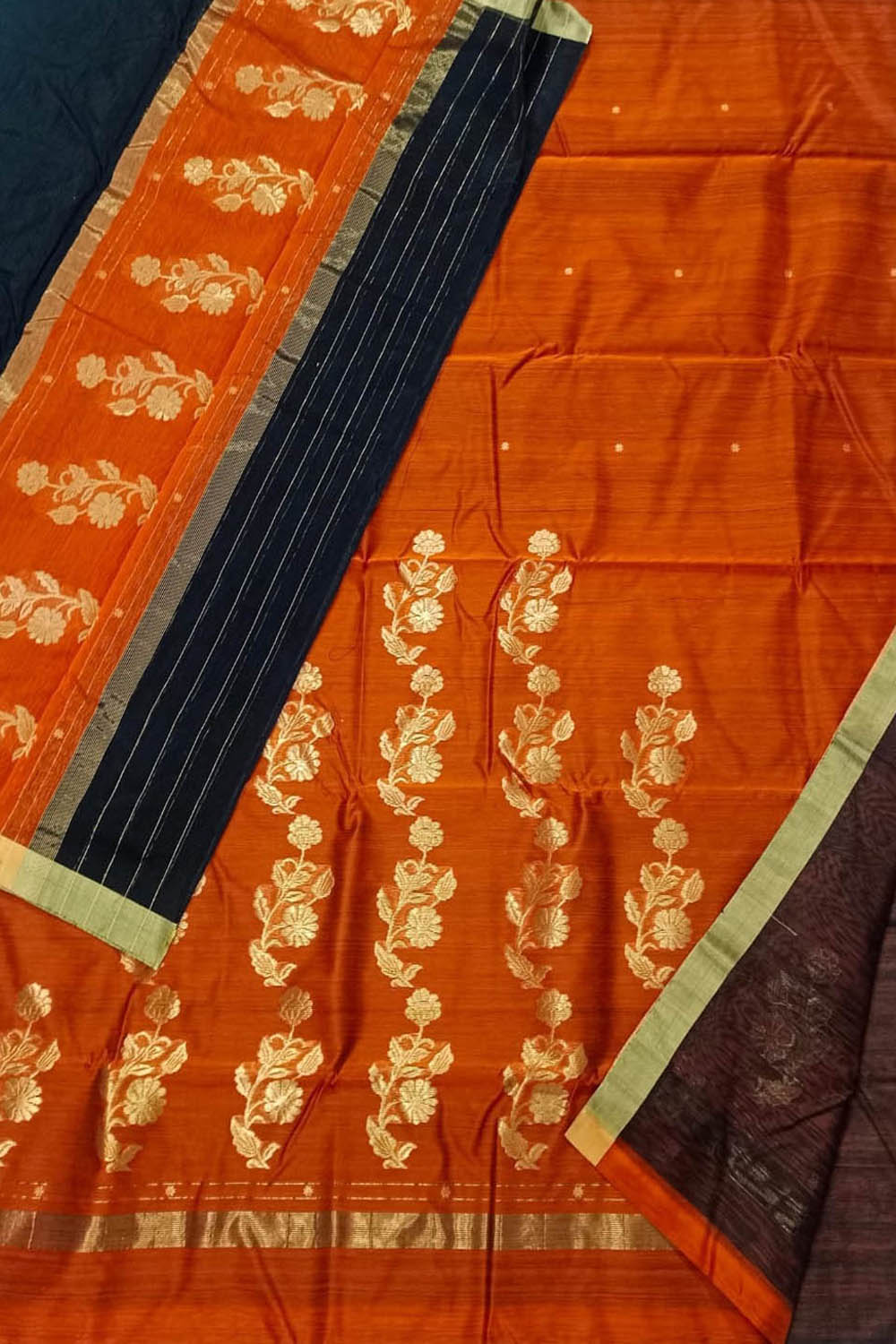 Orange And Black Chanderi Handloom Silk Cotton 3 Piece Suit Set