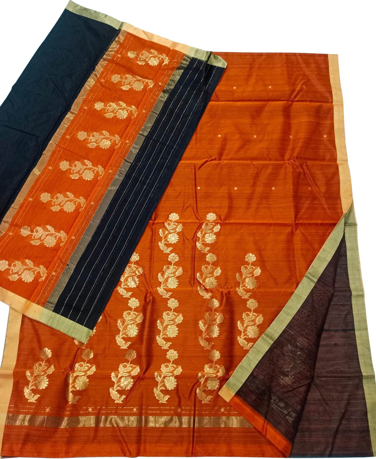 Orange And Black Chanderi Handloom Silk Cotton 3 Piece Suit Set