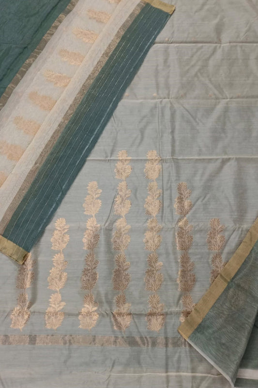 Grey Chanderi Handloom Silk Cotton 3 Piece Suit Set - Luxurion World