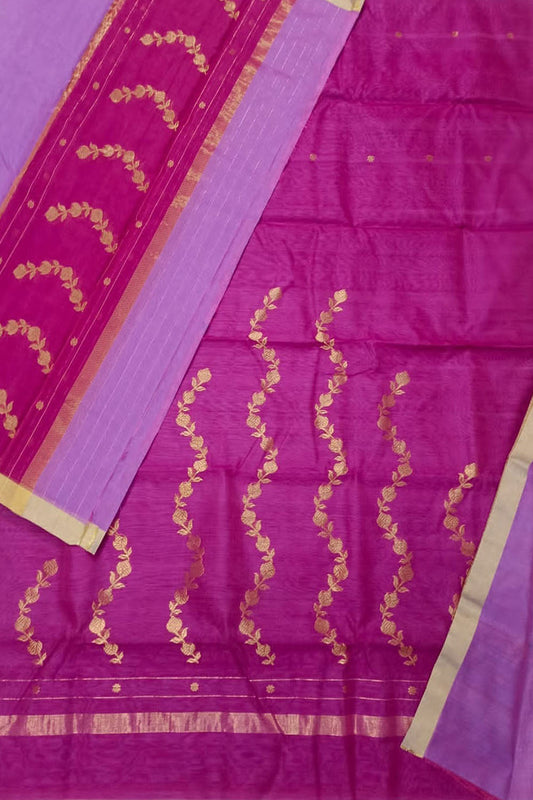 Pink And Purple Chanderi Handloom Silk Cotton 3 Piece Suit Set - Luxurion World