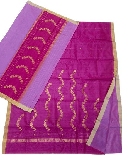 Pink And Purple Chanderi Handloom Silk Cotton 3 Piece Suit Set