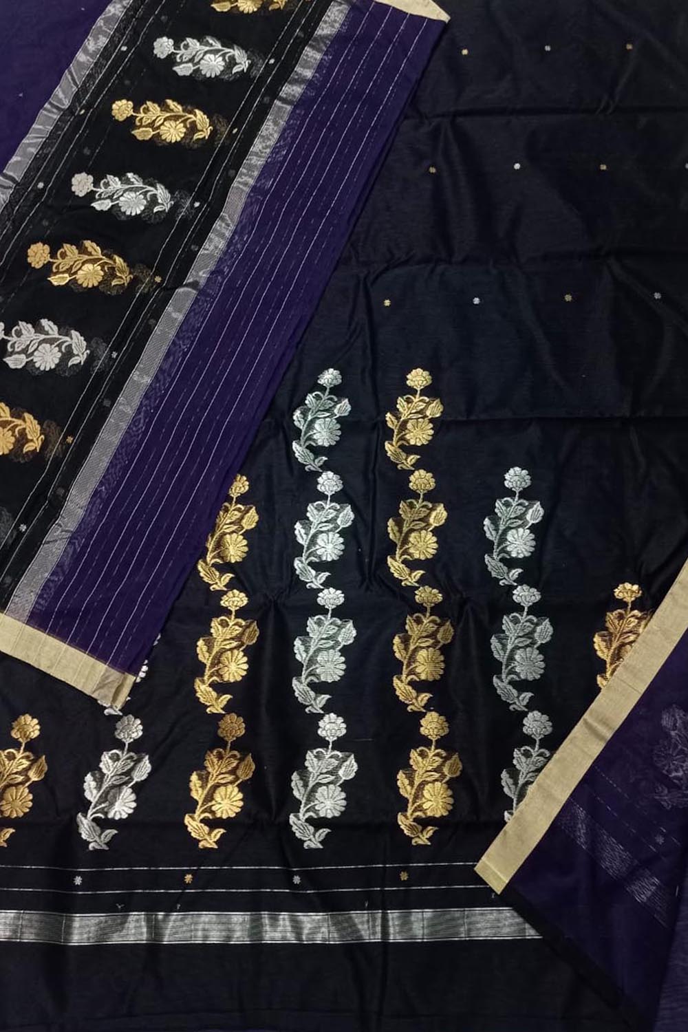 Black And Blue Chanderi Handloom Silk Cotton 3 Piece Suit Set