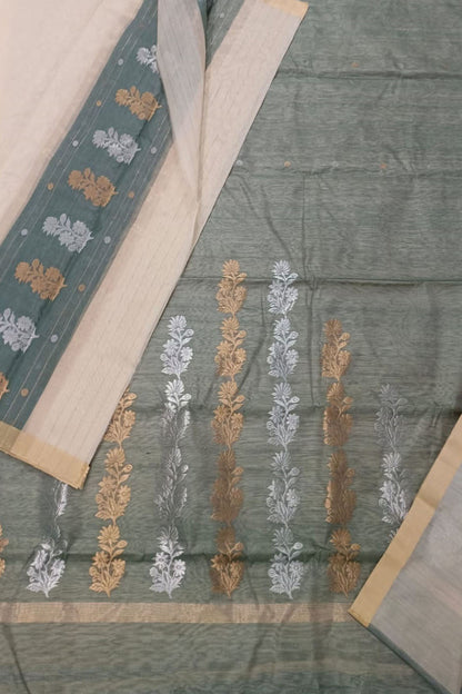 Grey Chanderi Handloom Silk Cotton 3 Piece Suit Set
