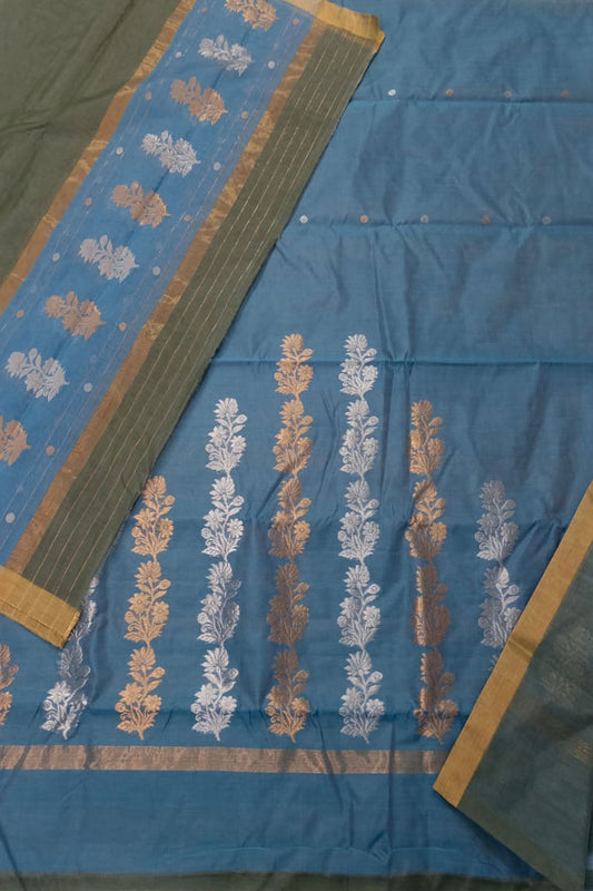Blue Chanderi Handloom Silk Cotton 3 Piece Suit Set