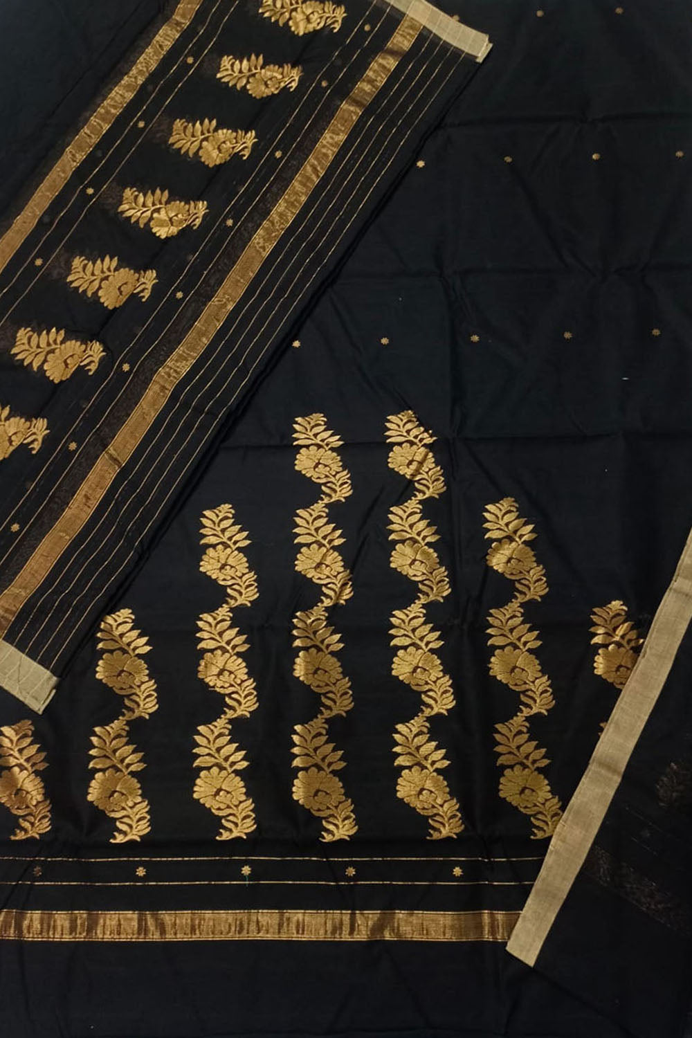 Black Chanderi Handloom Silk Cotton 3 Piece Suit Set - Luxurion World