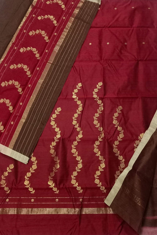 Red Chanderi Handloom Silk Cotton 3 Piece Suit Set - Luxurion World