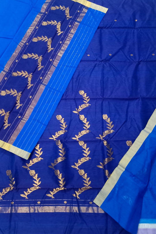 Blue Chanderi Handloom Silk Cotton 3 Piece Suit Set - Luxurion World