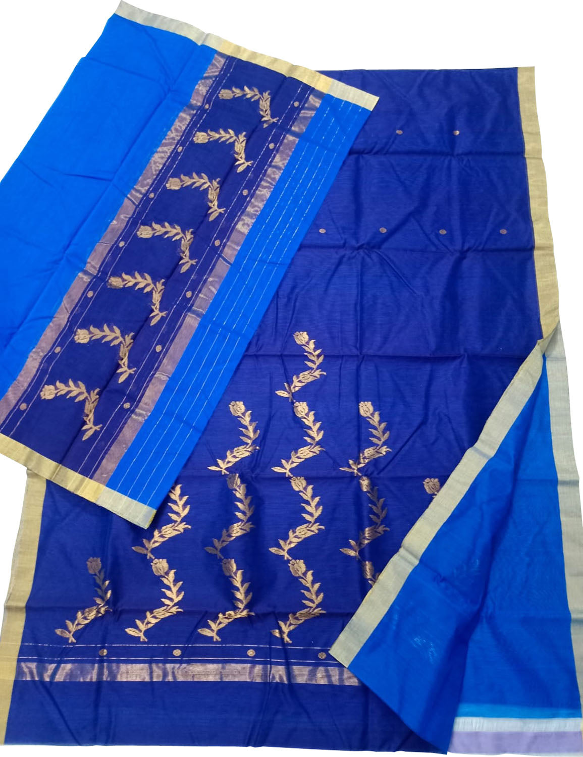 Blue Chanderi Handloom Silk Cotton 3 Piece Suit Set - Luxurion World
