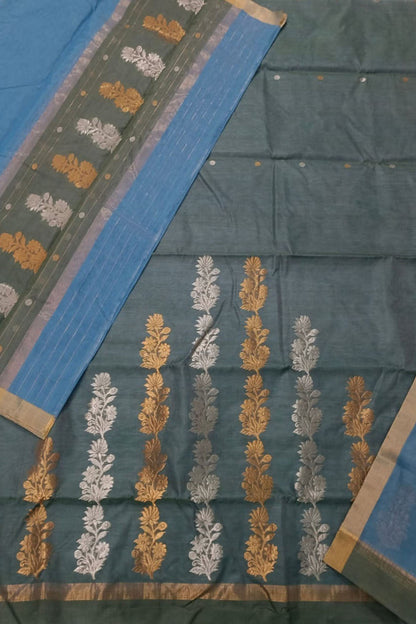 Grey And Blue Chanderi Handloom Silk Cotton 3 Piece Suit Set - Luxurion World