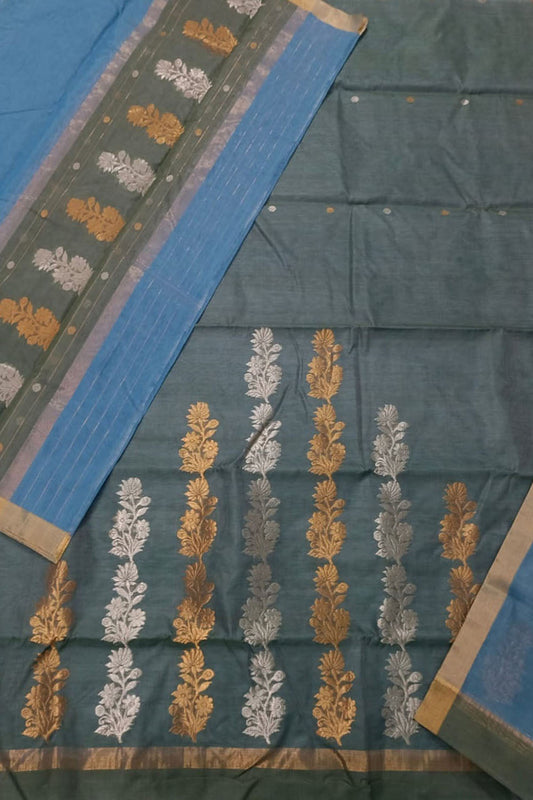 Grey And Blue Chanderi Handloom Silk Cotton 3 Piece Suit Set