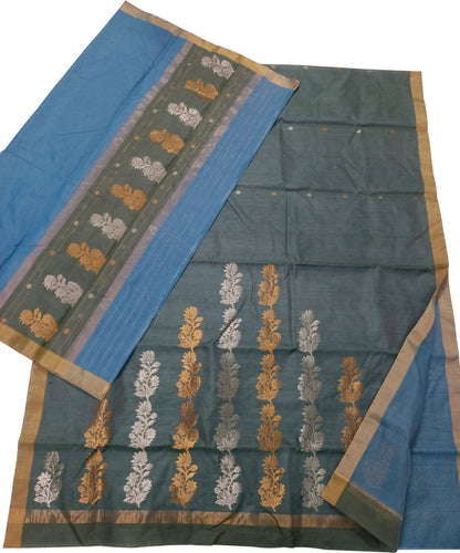 Grey And Blue Chanderi Handloom Silk Cotton 3 Piece Suit Set - Luxurion World