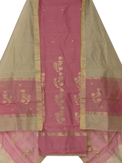 Pink And Grey Chanderi Handloom Cotton Silk Three Piece Unstitched Suit Set - Luxurion World