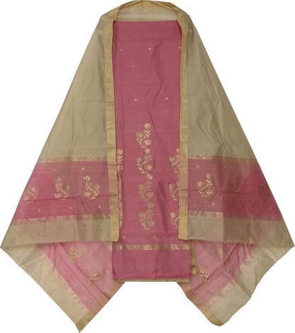 Pink And Grey Chanderi Handloom Cotton Silk Three Piece Unstitched Suit Set - Luxurion World