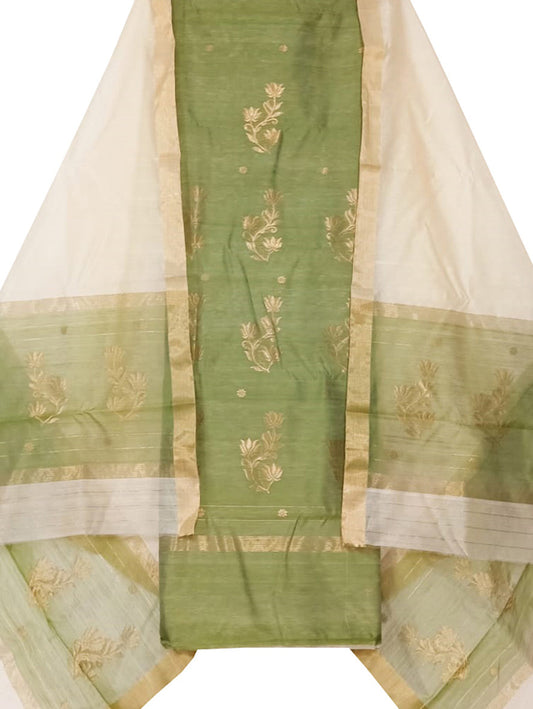 Green And Off White Chanderi Handloom Cotton Silk Three Piece Unstitched Suit Set - Luxurion World