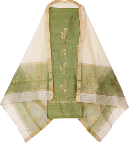 Green And Off White Chanderi Handloom Cotton Silk Three Piece Unstitched Suit Set