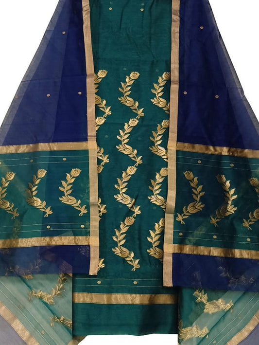 Green And Blue Chanderi Handloom Cotton Silk Three Piece Unstitched Suit Set - Luxurion World