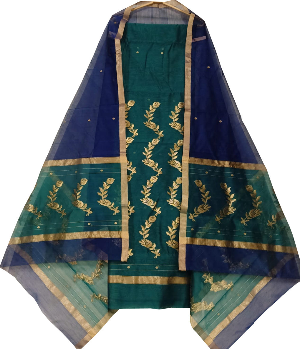 Green And Blue Chanderi Handloom Cotton Silk Three Piece Unstitched Suit Set - Luxurion World