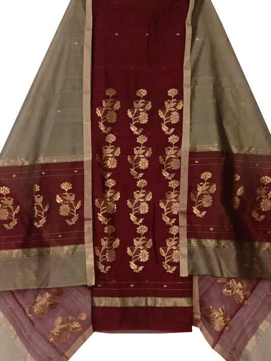 Maroon And Black Chanderi Handloom Cotton Silk Three Piece Unstitched Suit Set - Luxurion World