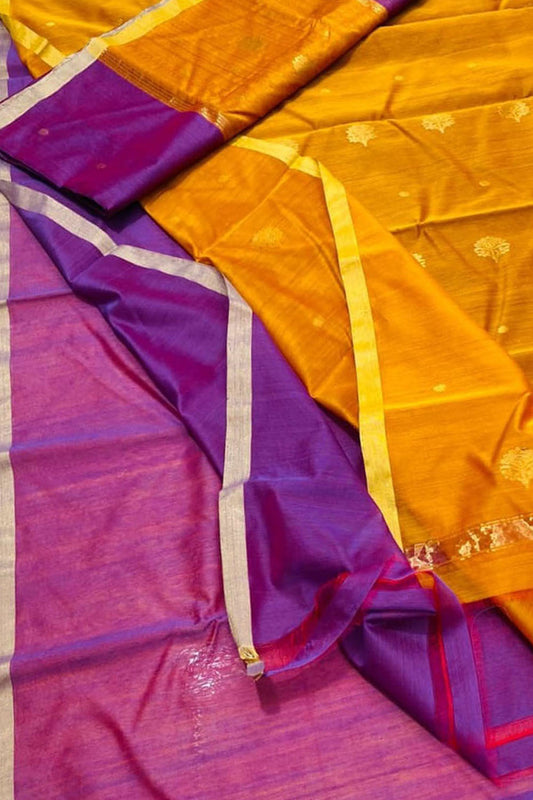 Stunning Yellow & Purple Chanderi Handloom Silk Cotton Suit Set