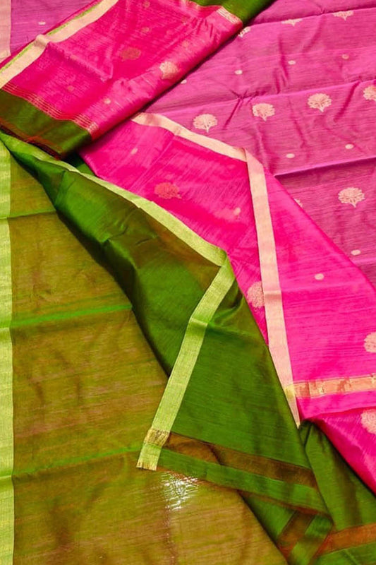 Stylish Pink & Green Chanderi Handloom Silk Cotton Suit Set - Luxurion World