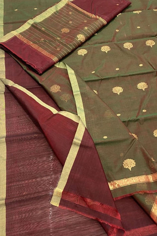 Stunning Green & Maroon Chanderi Handloom Silk Cotton Suit Set - Luxurion World
