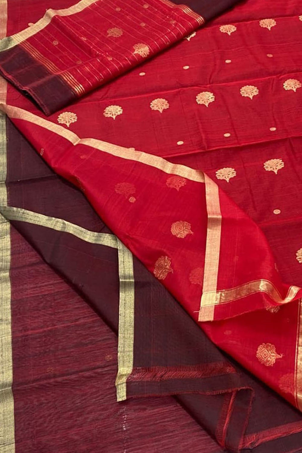 Red and Maroon Chanderi Handloom Silk Cotton Three Piece Unstitched Suit Set - Luxurion World