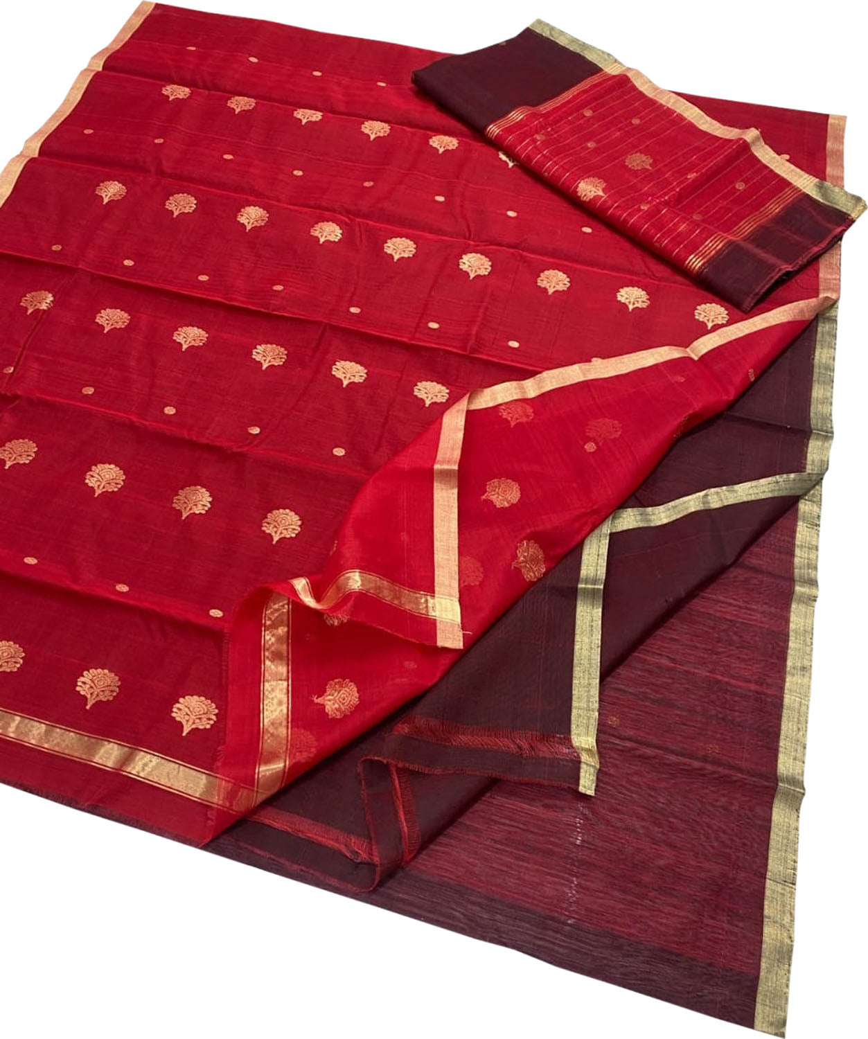 Red and Maroon Chanderi Handloom Silk Cotton Three Piece Unstitched Suit Set - Luxurion World