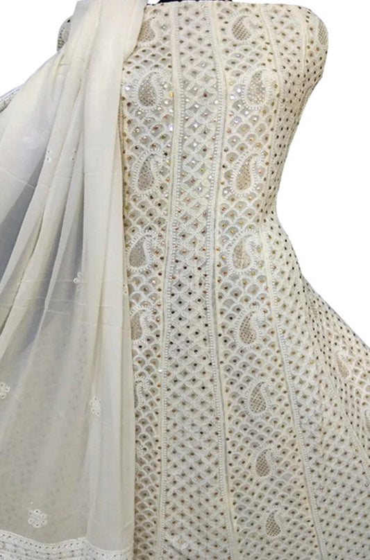 Dyeable Hand Embroidred Chikankari Pure Georgette Anarkali Unstitched Suit Set With Mukaish Work - Luxurion World