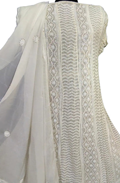 Dyeable Hand Embroidred Chikankari Pure Georgette Anarkali Unstitched Suit Set With Mukesh Work - Luxurionworld