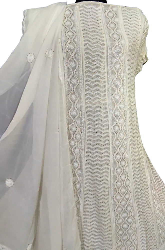 Dyeable Hand Embroidred Chikankari Pure Georgette Anarkali Unstitched Suit Set With Mukaish Work - Luxurion World