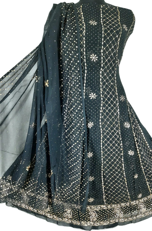 Black Hand Embroidred Chikankari Pure Georgette Anarkali Unstitched Suit Set With Mukaish Work - Luxurion World