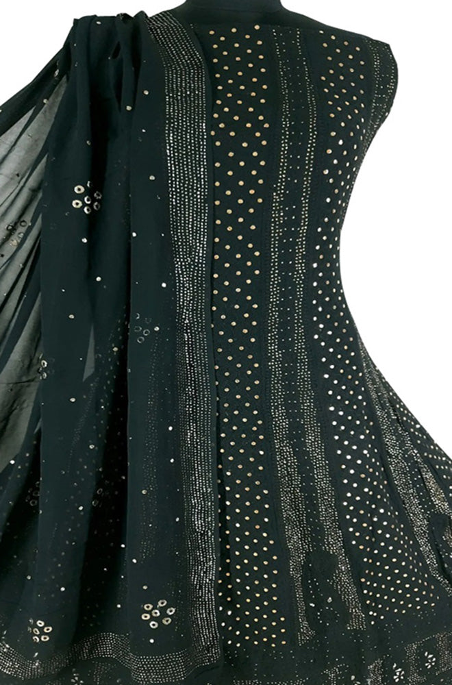 Black Hand Embroidred Chikankari Pure Georgette Anarkali Unstitched Suit Set With Mukesh Work - Luxurionworld