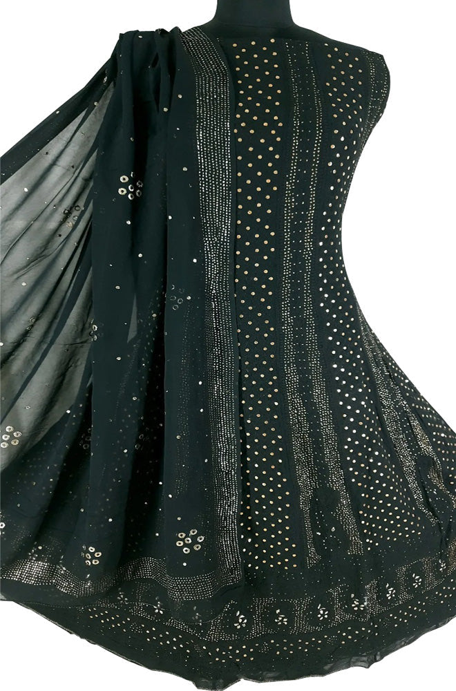 Black Hand Embroidred Chikankari Pure Georgette Anarkali Unstitched Suit Set With Mukaish Work - Luxurion World