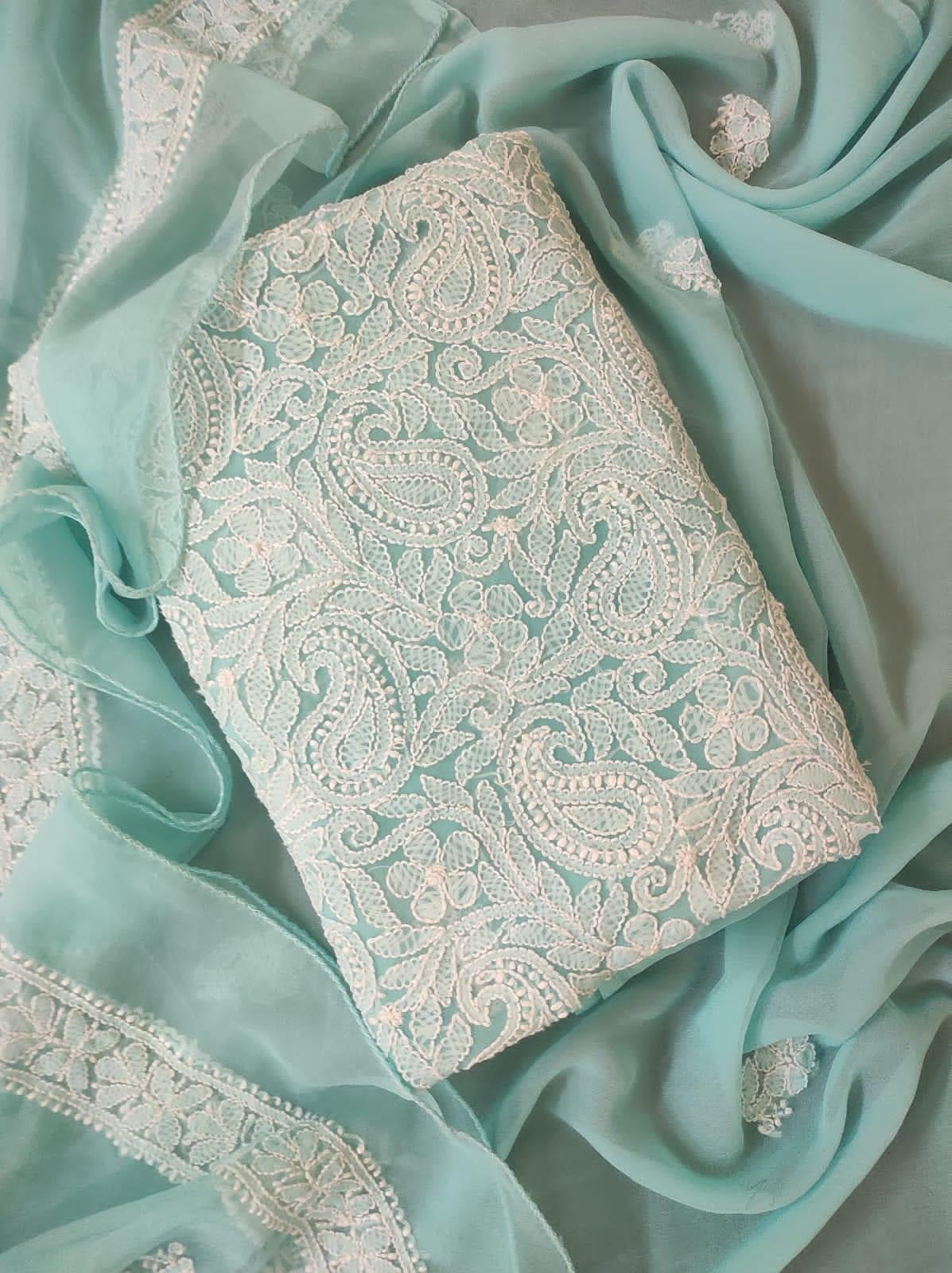 Stunning Blue Chikankari Georgette Suit Set - Hand Embroidered & Unstitched - Luxurion World