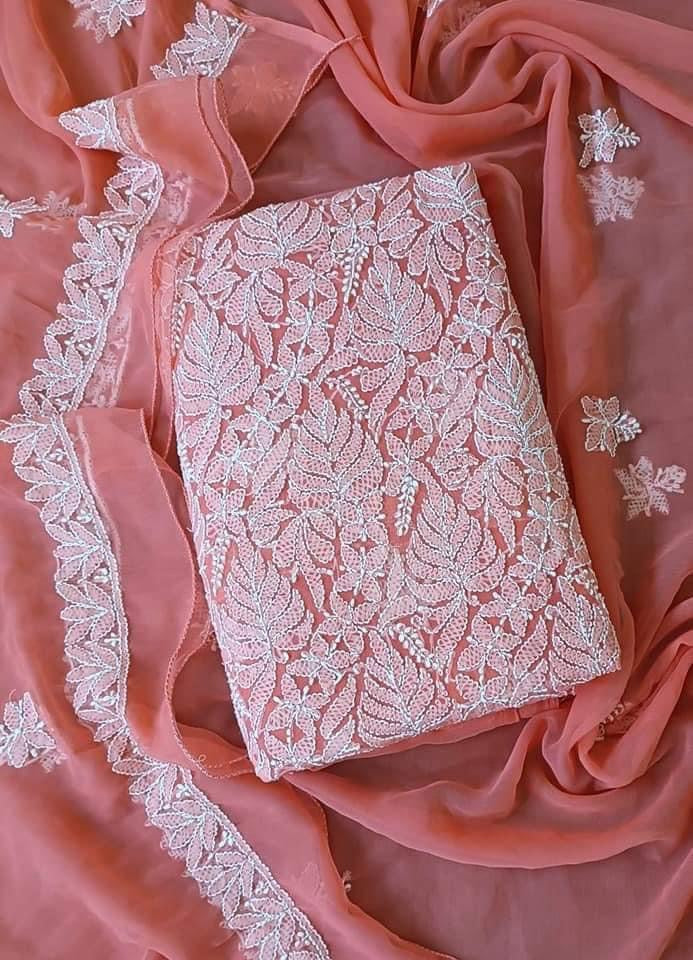 Stunning Pink Chikankari Georgette Suit Set with Hand Embroidery - Luxurion World