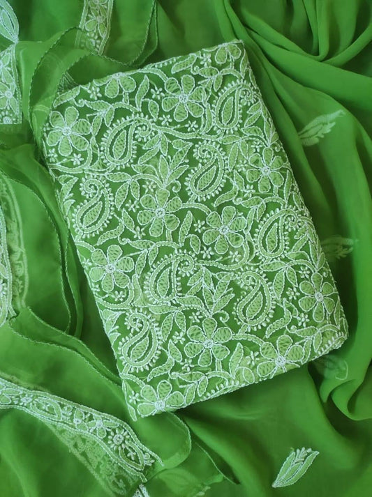 Stunning Green Chikankari Georgette Suit Set with Hand Embroidery