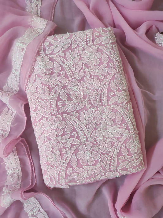 Stunning Pink Chikankari Georgette Suit Set with Hand Embroidery - Luxurion World