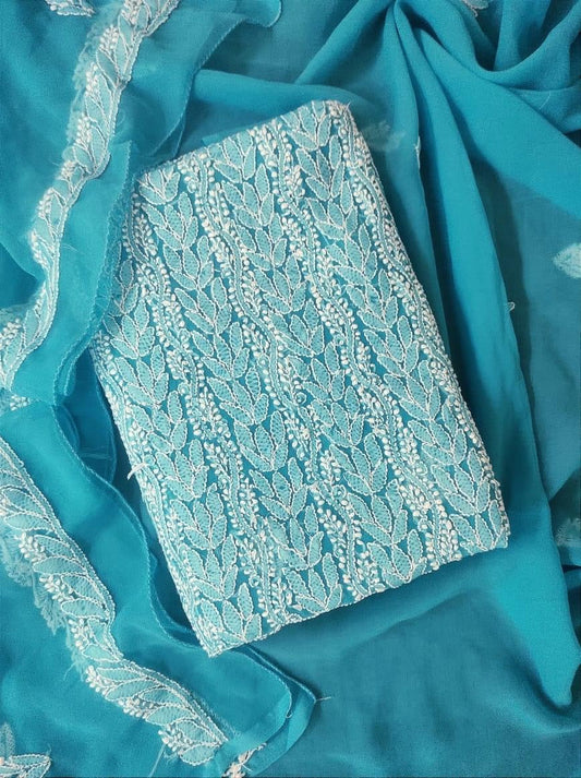 Stunning Blue Chikankari Georgette Suit Set - Hand Embroidered, Unstitched - Luxurion World