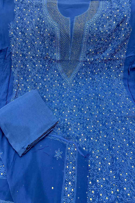 Blue Chikankari Hand Embroidered Mukaish Georgette Suit Set - Luxurion World