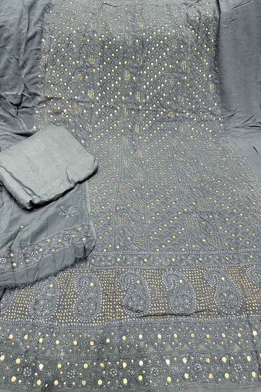 Elegant Grey Chikankari Hand Embroidered Georgette Suit Set - Luxurion World