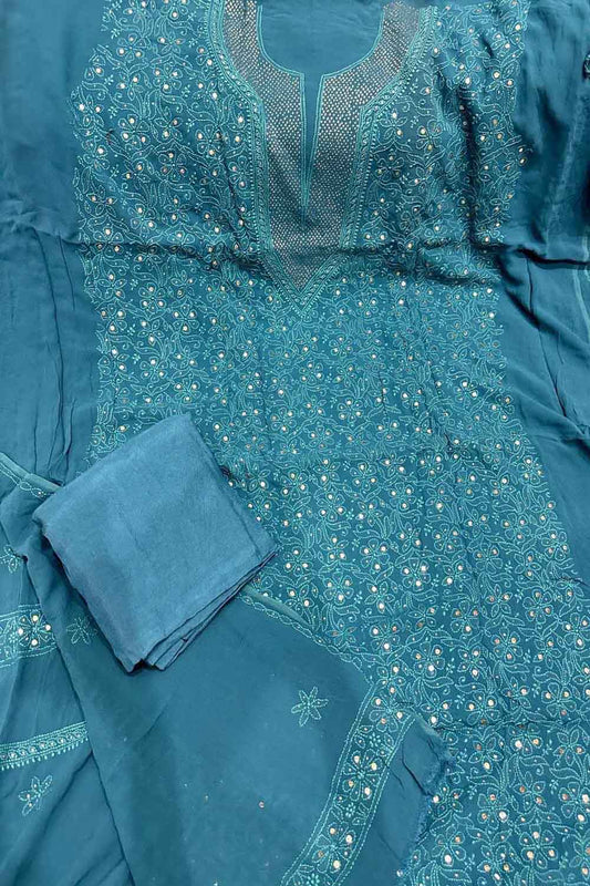 Elegant Blue Chikankari Georgette Suit with Mukaish Work