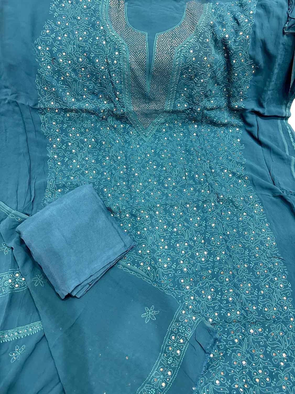 Elegant Blue Chikankari Georgette Suit with Mukaish Work - Luxurion World