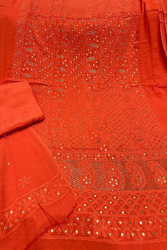 Orange Chikankari Hand Embroidered Mukaish Georgette Suit Set - Luxurion World