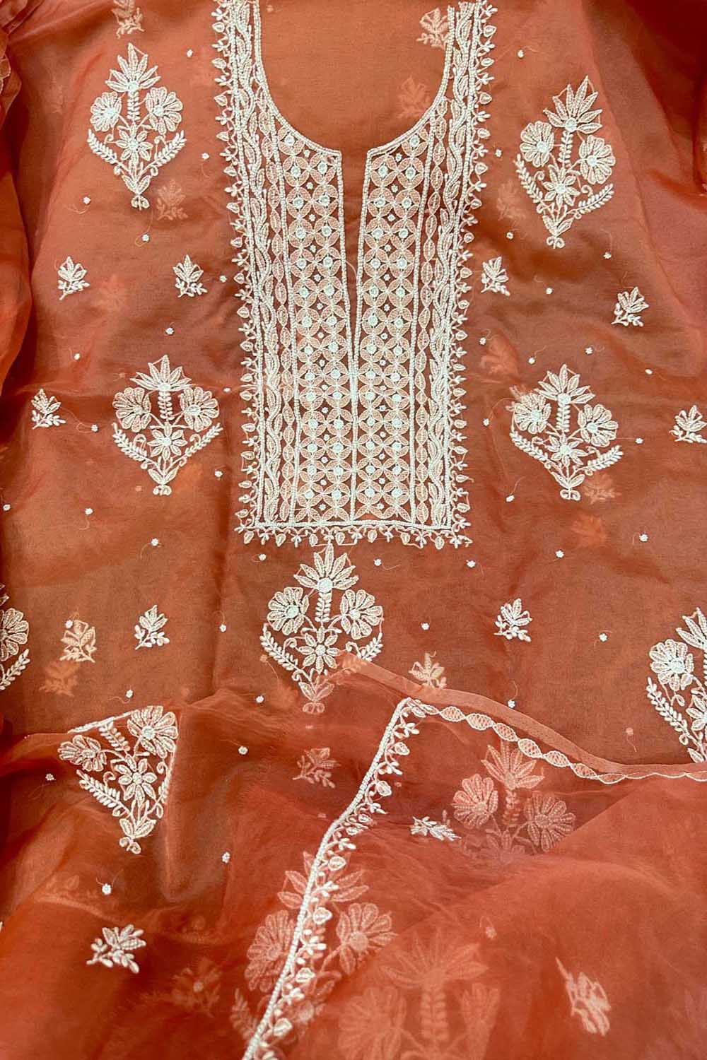 Exquisite Orange Chikankari Organza Suit: Hand Embroidered Elegance - Luxurion World